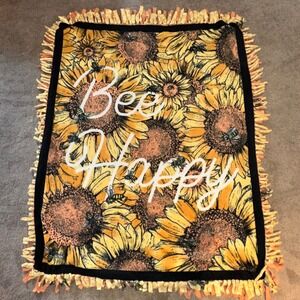 Homemade Sunflower Bee Happy Honeycomb Fringed Throw Blanket Yellow Black 60x50"